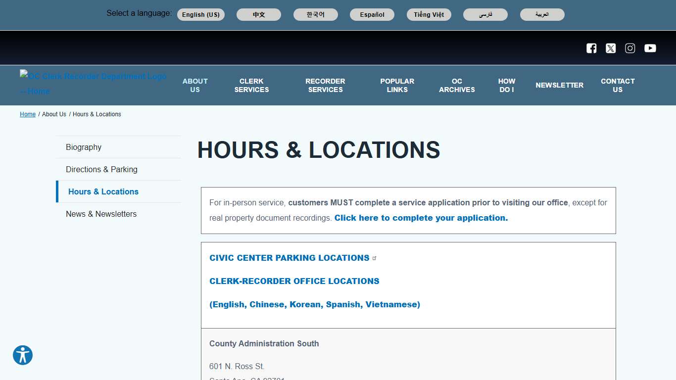 Hours & Locations OC Clerk Recorder Department