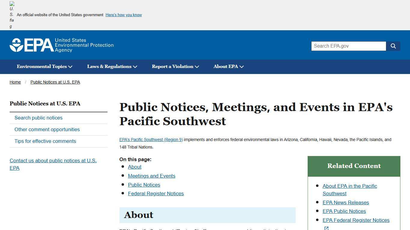 Public Notices, Meetings, and Events in EPA's Pacific Southwest US EPA